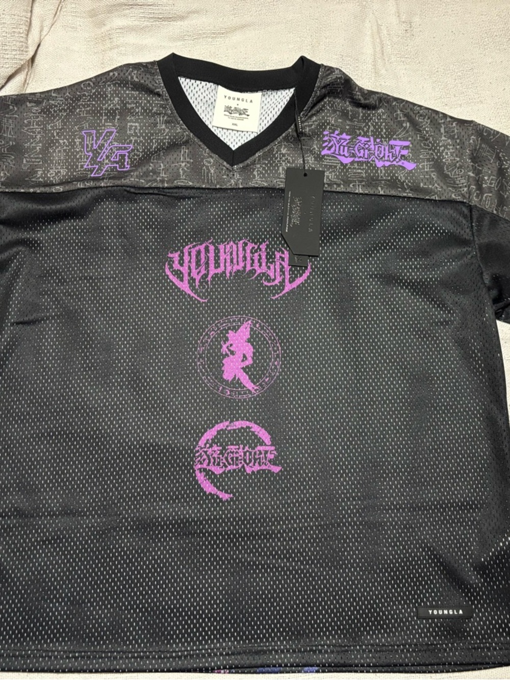 YoungLA Black Mesh V-Neck Shirt with Purple Graphic Logos